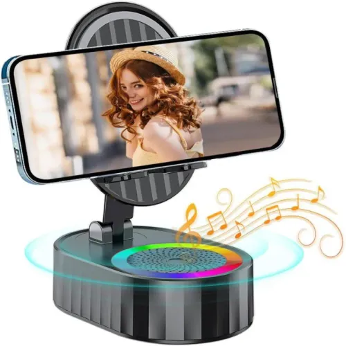 AKLLCCR Wireless Induction Audio Bluetooth Speaker 5in1 Cellphone Holder Emergency Charging (3000mAh) Usb Portable Power Smartphone Tablet Stand with Colorful Ambient Light Springtok Gift