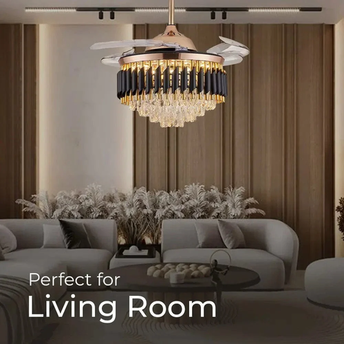 Luxury Black Mamba Crystal Ceiling Fan Light with Retractable Blades for Modern Living Room Bedroom and Dining Room