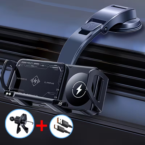This new wireless fast-charging car phone holder is a smart telescopic and rotating stand suitable for car navigation and bicycles. It supports foldable screens and large screens, and features a 360° air vent wireless charger. It is compatible with iPhones, Samsung devices, and other series, with a maximum wireless charging output power of 15W (MAX).