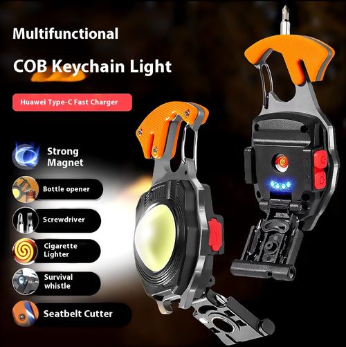 For outdoor travel and emergencies, it's all you need!This all-in-one gadget is superb. It offers one-touch powerful light illumination.Range of several hundred meters, with multiple levels of dimming control.Flip it over and it instantly becomes a cigarette lighter.Use the screwdriver provided to screw in the screws. The magnetic metal plate adheres magnetically.It can also open bottles, cut seat belts, and hang the keychain after use, making it convenient to carry.✨✨✨