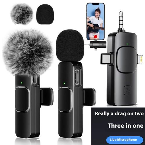 Three-in-One Wireless Collar-Type Microphone, Outdoor Mobile Phone Live Broadcasting Microphone, Mini Noise-Cancelling Collar-Type Microphone
