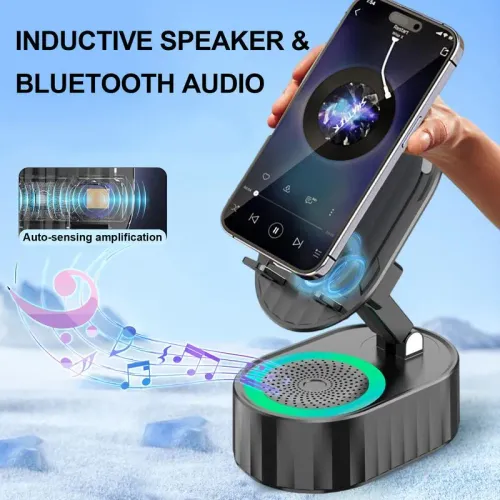 AKLLCCR Wireless Induction Audio Bluetooth Speaker 5in1 Cellphone Holder Emergency Charging (3000mAh) Usb Portable Power Smartphone Tablet Stand with Colorful Ambient Light Springtok Gift