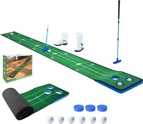 Golf putter practice equipment - Indoor and outdoor universal practice mat set with slope carpet, including 6 golf balls as a gift