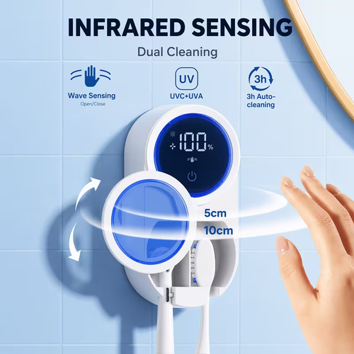 Toothbrush Holder And Cleaner Razor Holder Dryer Light Cleaning And Air Drying, Easy to Install Without Drilling, Featuring 2 Brush Slots, Automatic Rotating Cover Rechargeable Wall Mounted, Smart Sensor Toothbrush Box