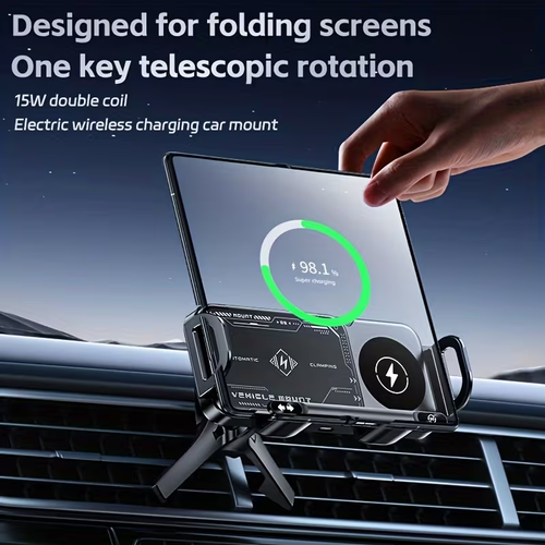 This new wireless fast-charging car phone holder is a smart telescopic and rotating stand suitable for car navigation and bicycles. It supports foldable screens and large screens, and features a 360° air vent wireless charger. It is compatible with iPhones, Samsung devices, and other series, with a maximum wireless charging output power of 15W (MAX).
