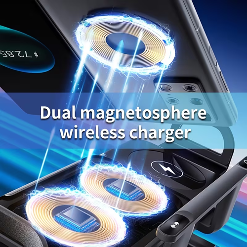 This new wireless fast-charging car phone holder is a smart telescopic and rotating stand suitable for car navigation and bicycles. It supports foldable screens and large screens, and features a 360° air vent wireless charger. It is compatible with iPhones, Samsung devices, and other series, with a maximum wireless charging output power of 15W (MAX).