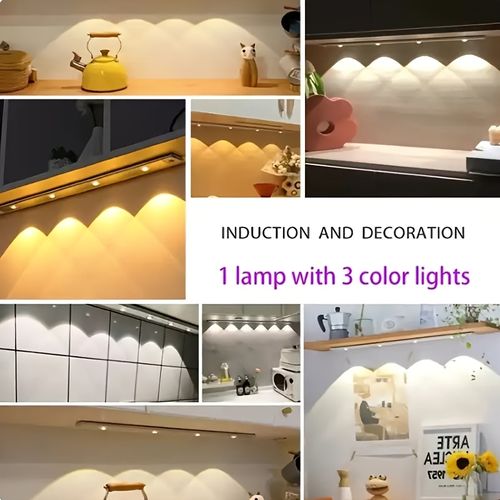 USB rechargeable motion sensor LED light strip - dimmable, 3 colors, wireless lighting, suitable for kitchen, wardrobe, cabinet, bedroom, etc. - Ideal for modern home with marble countertops and white light effects, bedroom lighting | Fashion fixtures | Wireless LED, Indoor motion sensing light