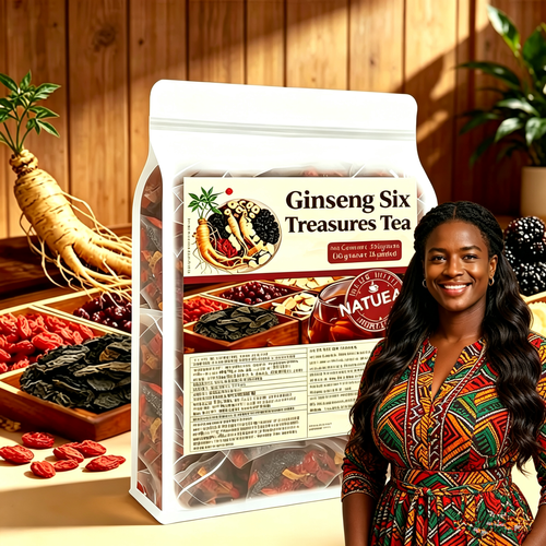 Men's Women's Ginseng Six Treasures Tea +MACA Herbal kidney tonic, containing goji berries, an energy booster, suitable for relieving fatigue, enhancing vitality, and protecting urinary system health.