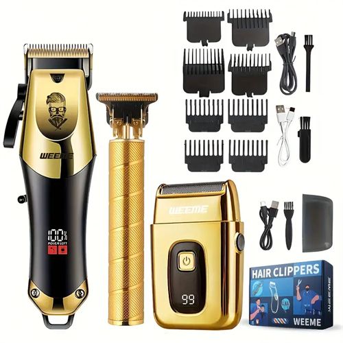 Rechargeable hair clipper, shaving razor, electric hair trimmer, electric scissors, push trimmer with digital display, nose hair remover, shaving kit set of four pieces