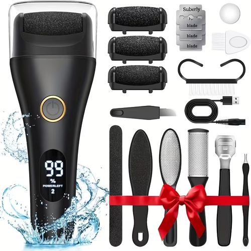 Rechargeable electric foot file, exfoliating, multi-speed adjustable, LCD display, includes a 10-piece foot care kit, foot brush and foot file, professional foot care tools for removing dead skin and calluses.