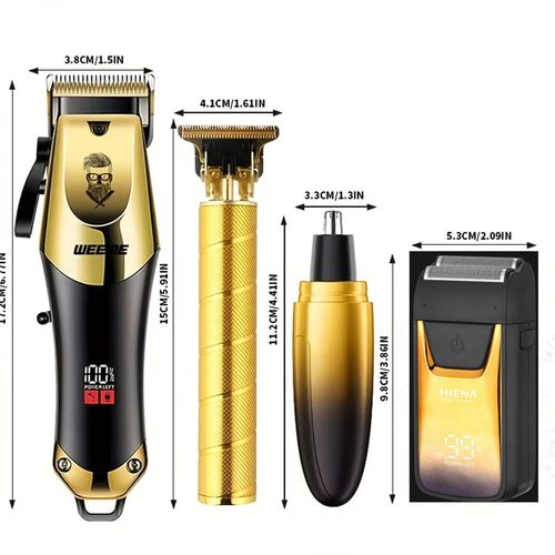 Rechargeable hair clipper, shaving razor, electric hair trimmer, electric scissors, push trimmer with digital display, nose hair remover, shaving kit set of four pieces