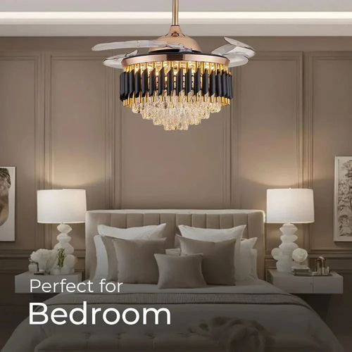 Luxury Black Mamba Crystal Ceiling Fan Light with Retractable Blades for Modern Living Room Bedroom and Dining Room