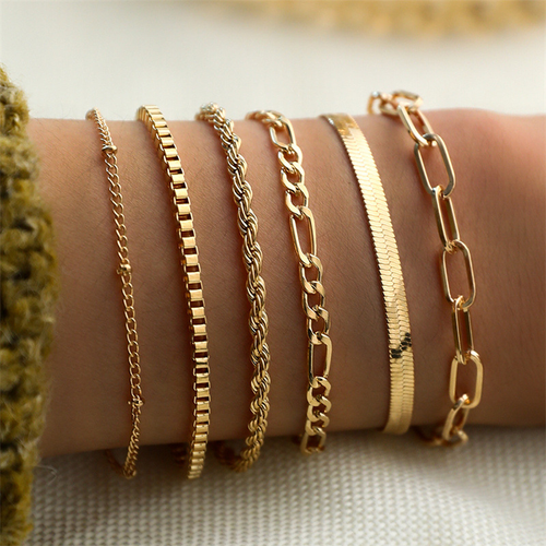 Minimalist Gold Chain Women's Set of 6 Multi-Layered Bracelets