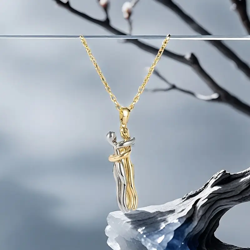 Couple Diamond-Embedded Sword Heart Pendant & Hug Necklace 2-Piece Set