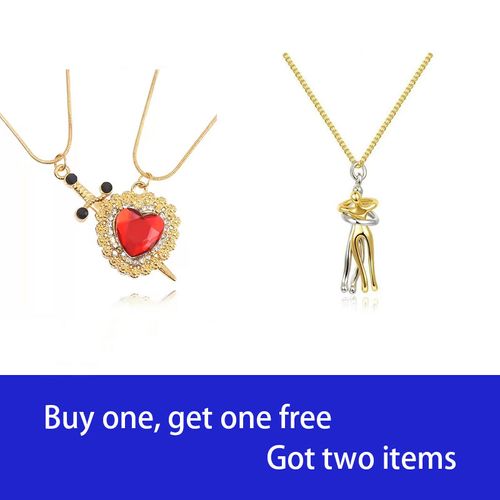 Couple Diamond-Embedded Sword Heart Pendant & Hug Necklace 2-Piece Set