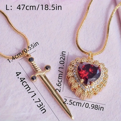 Couple Diamond-Embedded Sword Heart Pendant & Hug Necklace 2-Piece Set