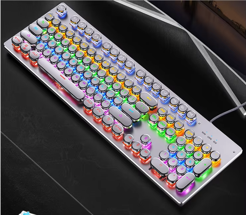 Real Mechanical Gaming Keyboard Punk RGB Round Retro Keycap Full Size 104 Keys USB Wired for PC Laptop