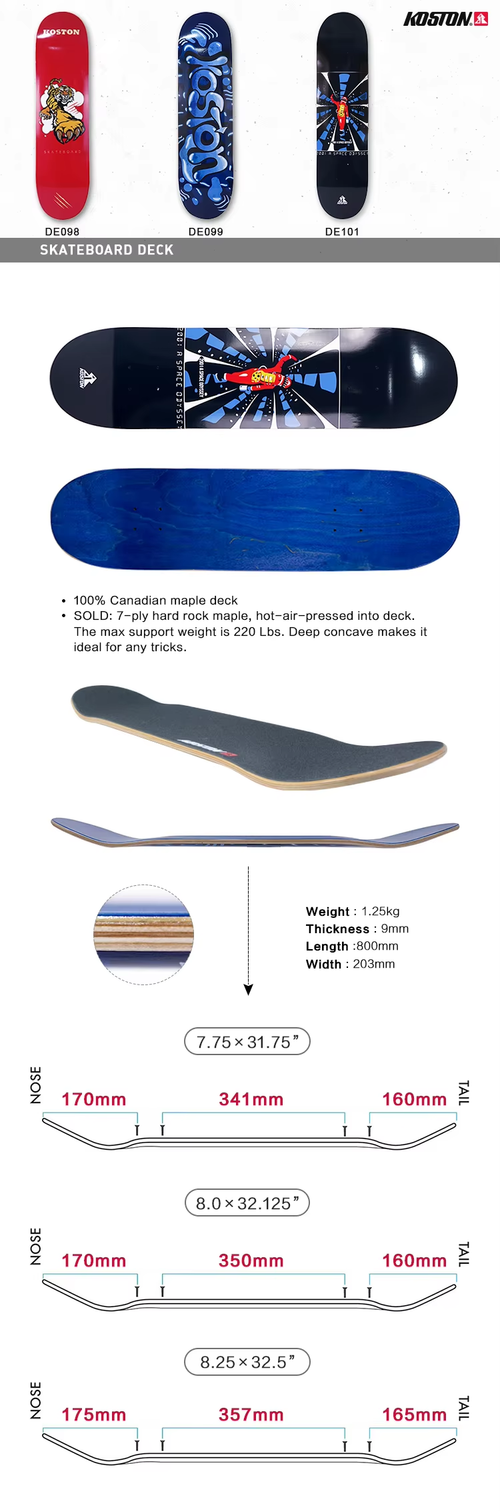 KOSTON Canadian Maple 7.75 8.0 8.25 Inch Professional Wooden Skateboard Deck