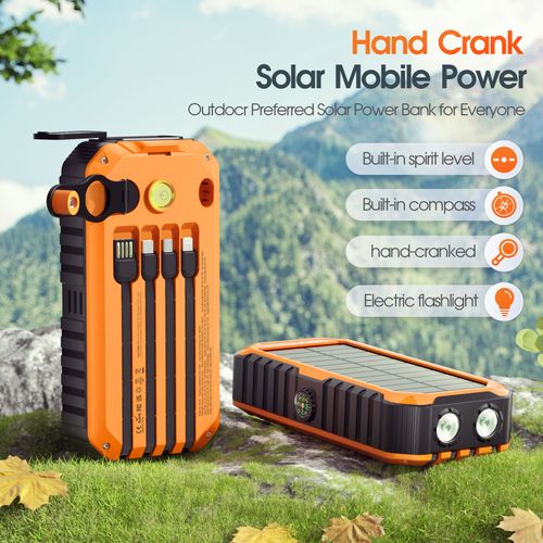 Hand-Crank Solar Power Bank with Fast Charging and Cable, 20,000 mAh High-Capacity Hand-Crank Portable Power Bank