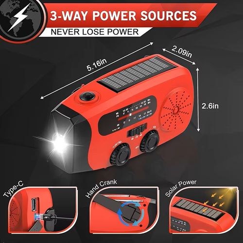 Multifunctional power bank, rechargeable emergency solar-powered hand-crank radio with built-in speaker and flashlight, 2000mAh battery capacity