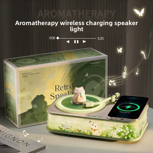 Retro Cat Vinyl Bluetooth Speaker 4-in-1, 15W Wireless Fast Charging Rotating Aroma Diffuser, Dimmable Ambient Night Light Bluetooth 5.3 Desk Decor Gift for Nigeria Bedroom Office