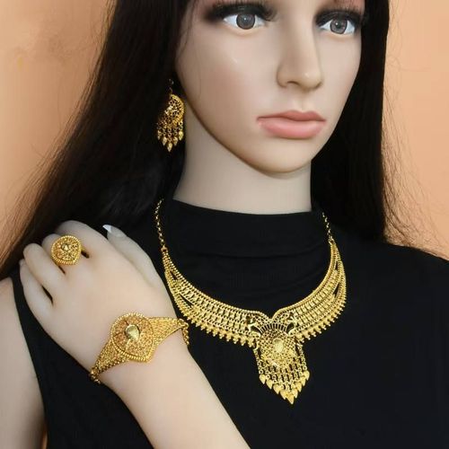 Women's 24K Gold-Plated Jewelry 4-Piece Set (Bracelet, Earrings, Necklace, Ring)