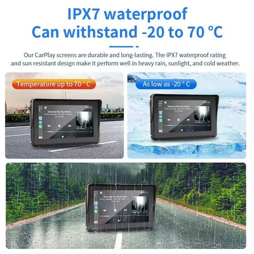 Touchscreen motorcycle Global Positioning System (GPS) with a screen that supports Apple CarPlay function. It has waterproof performance and enables wireless Apple CarPlay connection. It is suitable for motorcycles and bicycles. It is an Android-based GPS navigation display screen equipped with dual Bluetooth functionality