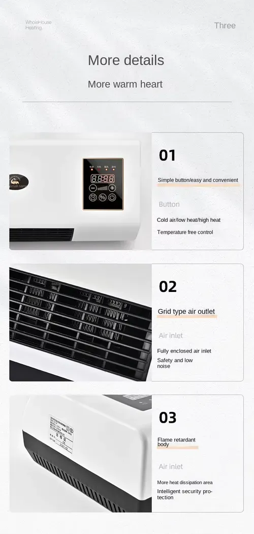 1800W Dual Purpose Wall Mounted Electric Heater Cold Warm Air Blower and Hot Bedroom Heater