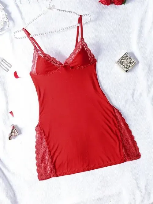 🔥Buy 1 get 3 free🔥(4 pieces in 4 colors)💕Lace Trim Slit Bowknot Decor Sleep Dress