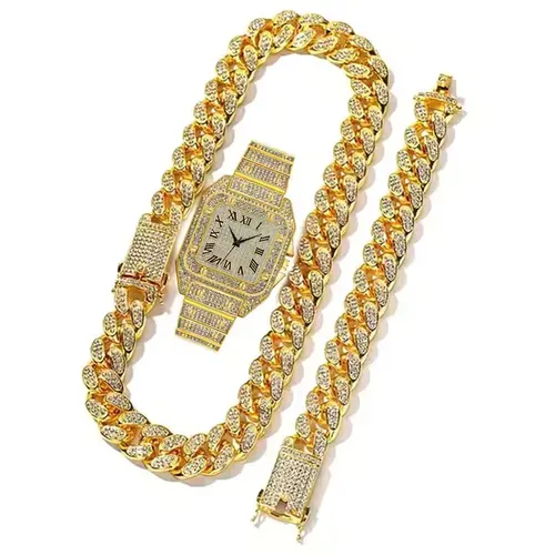 🌟Watch Set Set Di Orologi Moda Di Lusso 3 Pezzi Set Orologio Al Quarzo Bracciale Cubano a Catena E Collana⌚️