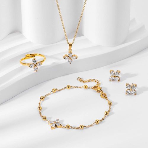 Kit de Acessórios de Aço Inoxidável com Colar, Pulseira, Anel e Brincos para Mulheres - Novo Modelo, Estiloso, Luxuoso, Elegante, com Revestimento de 18K e Zircônios Florais