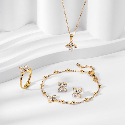 Kit de Acessórios de Aço Inoxidável com Colar, Pulseira, Anel e Brincos para Mulheres - Novo Modelo, Estiloso, Luxuoso, Elegante, com Revestimento de 18K e Zircônios Florais