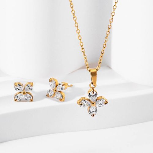 Kit de Acessórios de Aço Inoxidável com Colar, Pulseira, Anel e Brincos para Mulheres - Novo Modelo, Estiloso, Luxuoso, Elegante, com Revestimento de 18K e Zircônios Florais