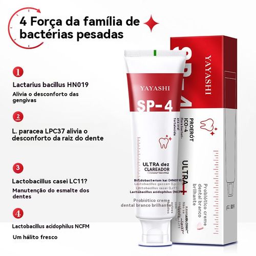 Creme Dental Probiótico — eficaz contra dentes amarelados e mau hálito, limpa profundamente, mantém o hálito fresco por mais tempo, branqueia os dentes, previne cáries e protege suavemente as gengivas.