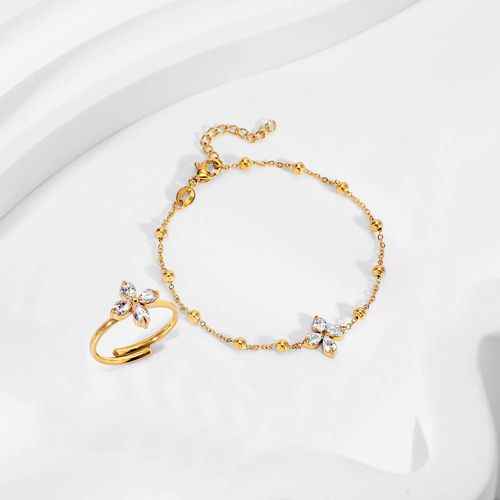 Kit de Acessórios de Aço Inoxidável com Colar, Pulseira, Anel e Brincos para Mulheres - Novo Modelo, Estiloso, Luxuoso, Elegante, com Revestimento de 18K e Zircônios Florais