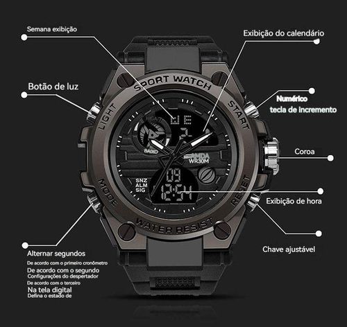 Relógio eletrônico digital multifuncional de alto nível e requinte, para atividades ao ar livre, utilizável em todos os cenários, na cor preta.