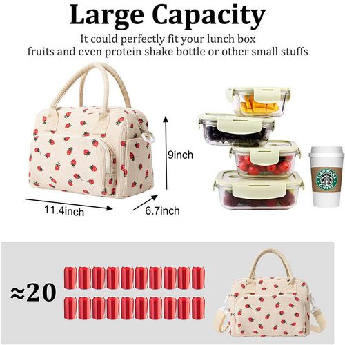 Ladies Strawberry Corduroy Insulated Lunch Bag for Women Adults Fashion Portable Thermal Cooling Bag Cotton Fitness