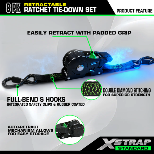 Automatic Strap 25 mm 1500 Lbs Self Retracting Motorcycle Tie Down Auto Retractable Ratchet Straps with S Hook