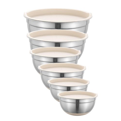 6 stainless steel salad bowls with khaki silicone bottom and non-slip lid set Baking mixing bowl