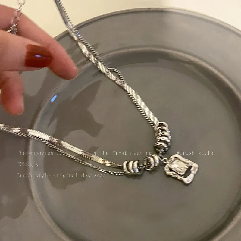 Hip-hop style titanium steel zircon double-layer sweatshirt necklace