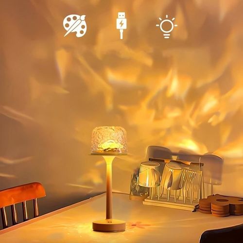 Aurora Projection Rotating Bedside Table Lamp 16 RGB LED Colors Water Ripple Effect Remote Control Cordless Battery Operated