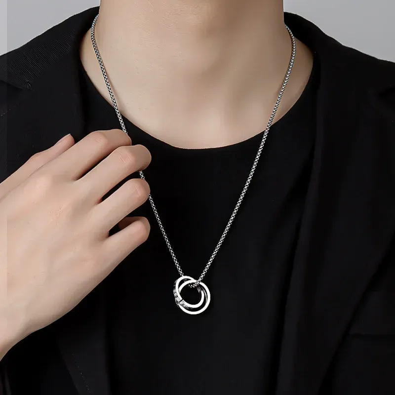 Men's Hip-Hop Titanium Steel Non-Fading Double Ring Pendant Necklace