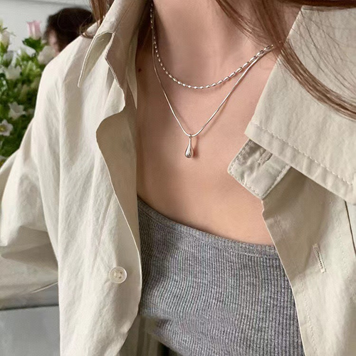 Double chain titanium steel teardrop necklace for women, retro personality necklace clavicle jewelry