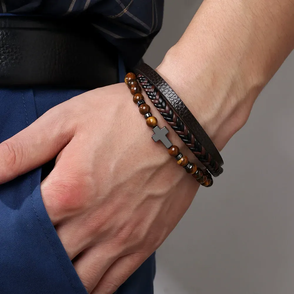 Natural volcanic stone elements, simple cross multi-layer bracelet