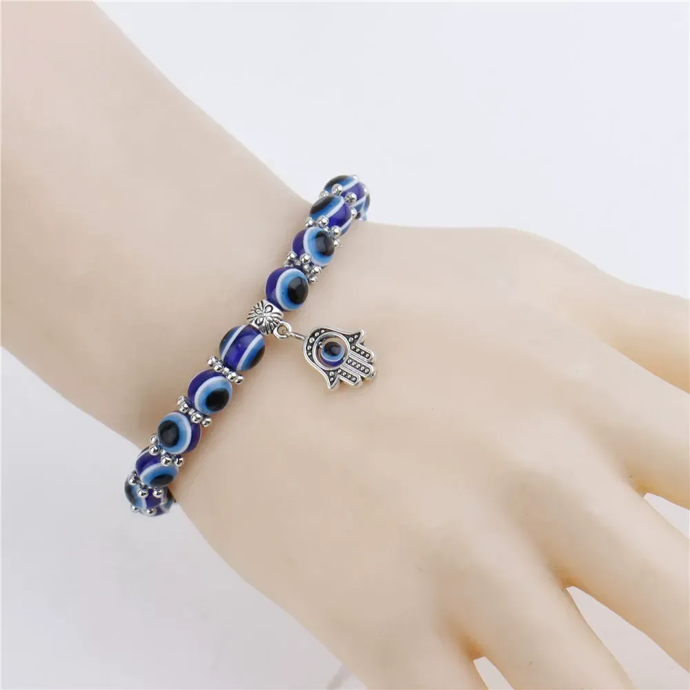 Blue Eye Bracelet, Hand of Fatima Demon Eye Beaded Bracelet