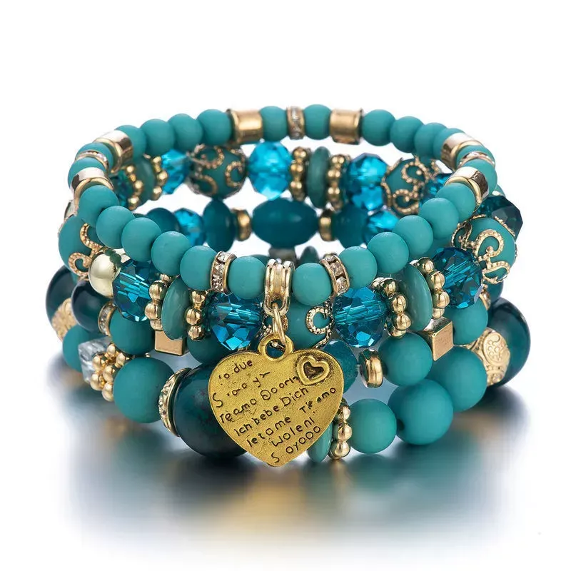 Fashionable Bohemian style multi-layer bracelet Crystal peach heart beaded bracelet