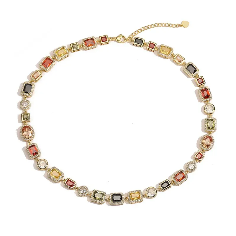 Temperament light luxury colored diamond square choker necklace high-end necklace