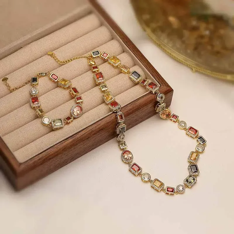 Temperament light luxury colored diamond square choker necklace high-end necklace