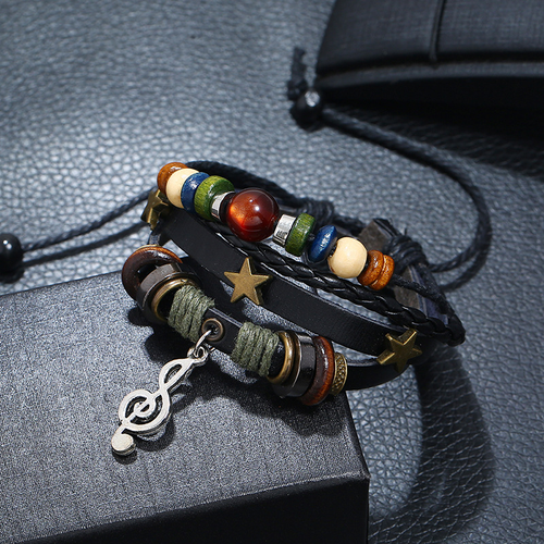 Simple multi-layer beaded leather bracelet personalized musical note pendant bracelet