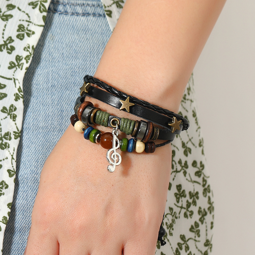 Simple multi-layer beaded leather bracelet personalized musical note pendant bracelet